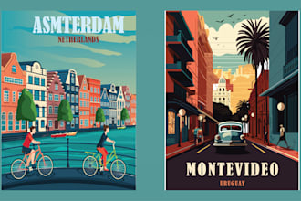 create retro vintage landscape and travel poster illustration
