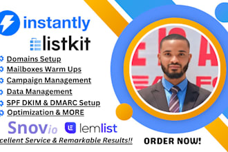 setup domains mailboxes warm up and cold email on instantly snov io listkit etc
