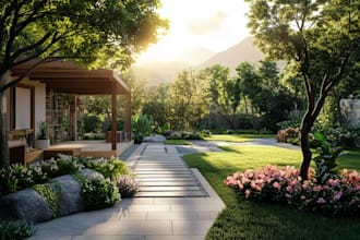 make landscape backyard, garden, pool, gazebo, terrace