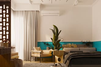 3d bedroom render,facade design,golf simulator space,outdoor,livingroom interior