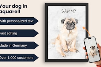 draw dog portrait from photo in aquarell with personal text