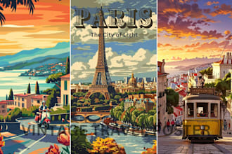 create retro travel poster, vintage style landscape modern design illustration