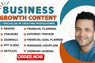 create business ebook, expense tracker, ppt slides, worksheet, finance planner