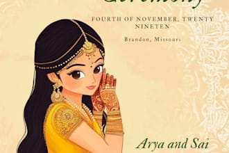 create an elegant caricature style wedding invitation