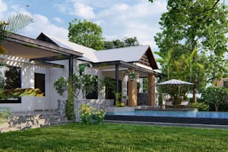 sketcup 3d outdoor ranch house,3d landscape, facade interior, lumion render,cgi