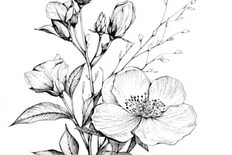deaw beautiful flower, plant and botanical line art