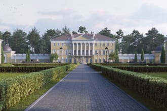 photorealistic rural estate rendering,walkthrough, landscape floor plan, terrain