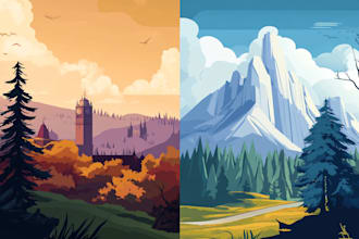 create a vector design flat mountain landscape in illustrator