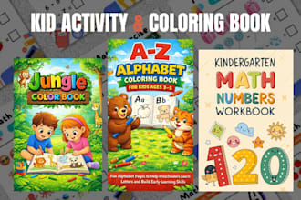 design kid activity book, children workbook, kid math worksheets, coloring book