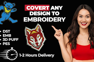 logo embroidery digitizing, 3d puff, flat, convert to pes, dst, jef, hus,