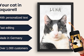 draw cat portrait from photo in aquarell with personal text