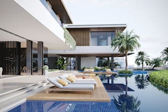 redesign 3d modern tropical architecture design, pool, pergola patio,relax space