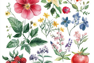 paint flower, plant, herbs, fruits, leaves botanical watercolor illustration