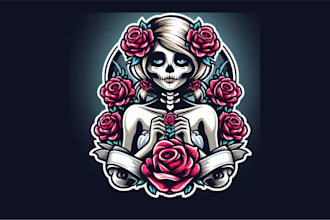 make modern girl skull with roses mascot logo within two days