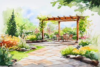 sketch architectural garden views or landscape scenery with watercolor