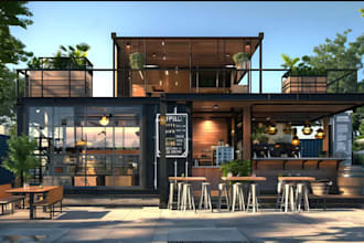 stunning cafe render, restaurant redesign, pergola render,cafe design, bar, gym