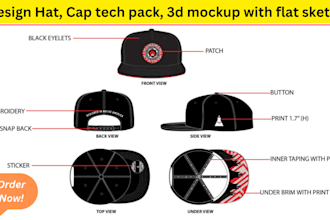 design hat, cap tech pack with 3d mockup and flat sketch