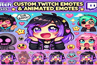 design chibi twitch emotes, animated emotes, sub badges in bulk for your channel