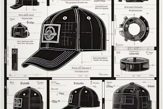 create complete cap tech pack flat sketch with fabric, trims, and details