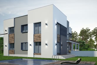 high tech house render, residential home,3dliving room interior, backyard design