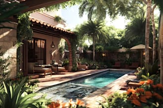 drowing front yards, backyards, swimming pool and landscape