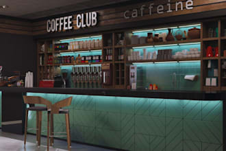 create a coffee shop interior design with 3d rendering and restaurant decor