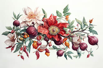 draw botanical illustrations of flowers, plants and fruits