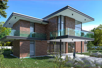 redesign 3d modern house,brick facade, skp exterior garden,landscape environment