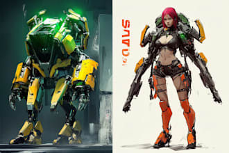 design futuristic mecha robots and pilots cyberpunk concept art