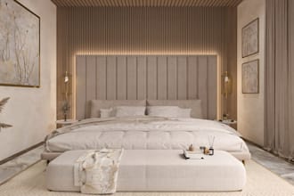 master bedroom design,king size bed,soft lighting,minimalist interior furnishing