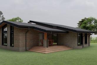 design exterior and interior3d chalet house, cottage backyard landscape, hallway