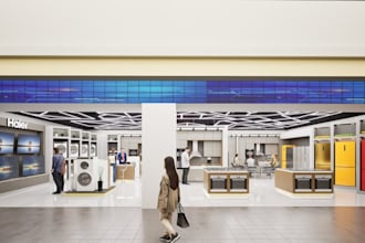 render interior shopping mall, booth exhibit, supermarket, retail store, factory
