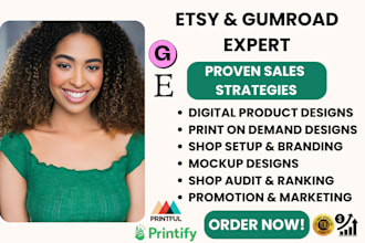 set up etsy shop gumroad etsy digital product design etsy seo listing etsy pod