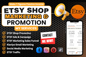 do etsy shopify marketing, etsy shop promotion, etsy product listings and seo