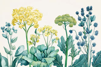 draw botanical illustrations of flowers, plants and fruits