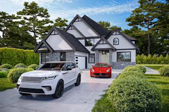 remodel exterior visualization, villa elevation rendering, cgi bungalow interior
