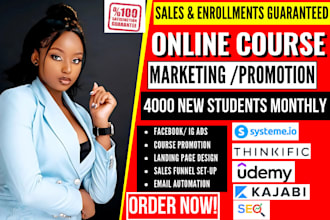 online course promotion, enrollment, udemy course, thinkific course sales funnel