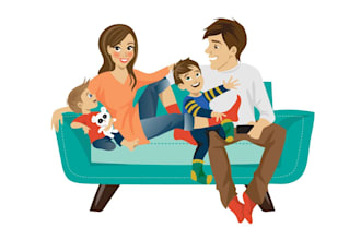 design illustration of a happy family on the couch logo