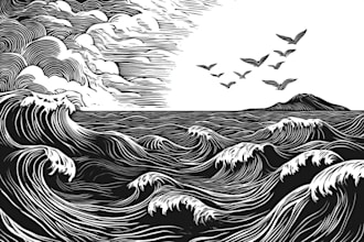 draw a line illustration, a linocut or an engraving