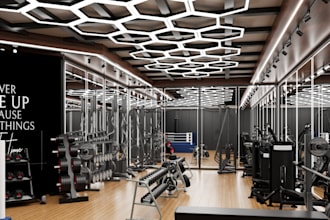 3d realistic gym interior design,fitness center,3d basement,gym space planning