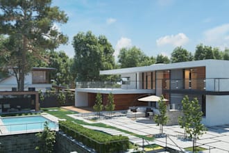 3d country house design,interior render, outdoor, front,backyard with golf space