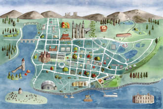 design a watercolor map illustration of your city or venue