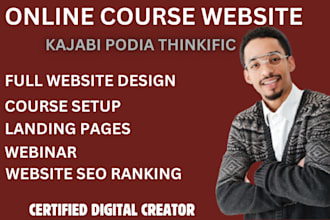 design kajabi website, podia thinkific teachable online course and landing page