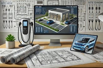 design electrical ev charging layout plan, site view, sld and panel schedule