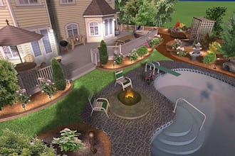 do great design 2d, 3d render of landscape, backyard, pool outdoor