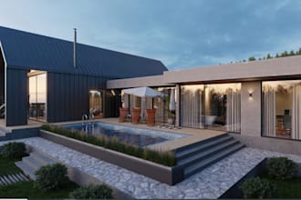 retouch 3d architecture,cottage terrace,cgi render,3d elevation,front facade,skp