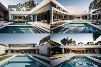 renovate 3d villa, patio, courtyard design, cgi render, modern facade exterior,