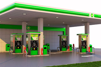 create 3d gas station shell, gas station interior, gas station store