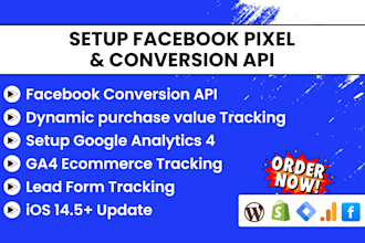 setup meta facebook pixel, google analytics 4 ecommerce conversion API tracking