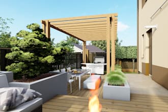 visualized 3d villa apartment,exterior facade,front yard, backyard design, patio